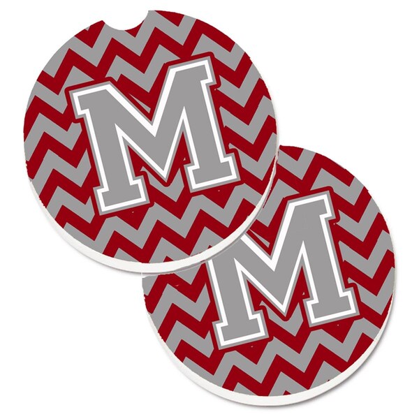 Carolines Treasures Letter M Chevron Crimson and Grey Set of 2 Cup Holder Car Coaster CJ1043-MCARC - main